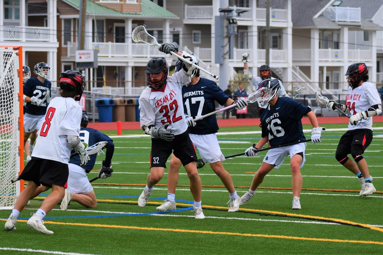 Ocean City sophomore Pat Grimley celebrates a goal against St. Augustine