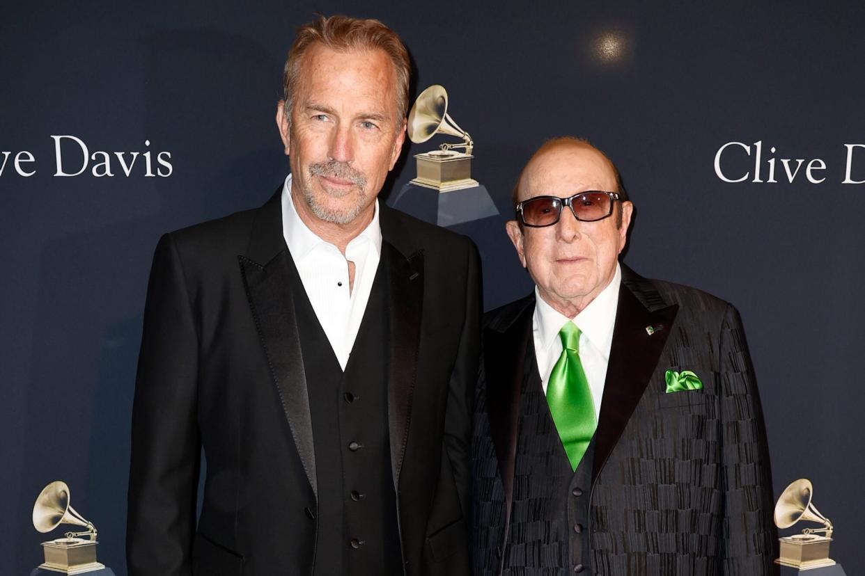 BEVERLY HILLS, CALIFORNIA - FEBRUARY 04: (FOR EDITORIAL USE ONLY) Kevin Costner (L) and Clive Davis attend the Pre-GRAMMY Gala & GRAMMY Salute To Industry Icons Honoring Julie Greenwald & Craig Kallman at The Beverly Hilton on February 04, 2023 in Beverly Hills, California. (Photo by Frazer Harrison/Getty Images)