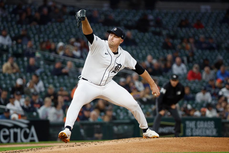 Detroit Tigers starting pitcher Tarik Skubal (29) pitches during the second inning at Comerica Park in Detroit on Wednesday, Sept. 27, 2023.