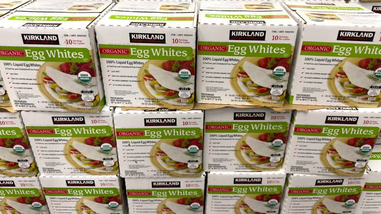 Stacks of boxes of organic Kirkland egg whites