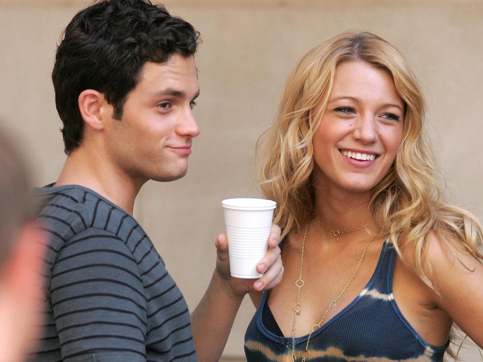 Penn Badgley and Blake Lively on the set of "Gossip Girl" in New York City in 2008.
