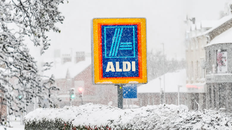 Aldi sign in winter snow