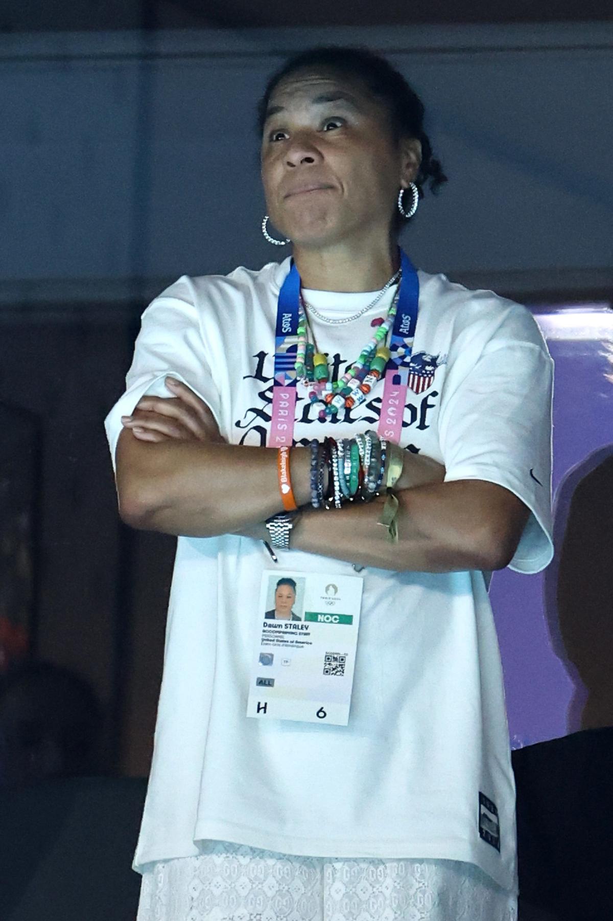 Dawn Staley gets Joel Embiid fired up after his epic dunk in the US basketball team’s Olympic game against Serbia in Paris