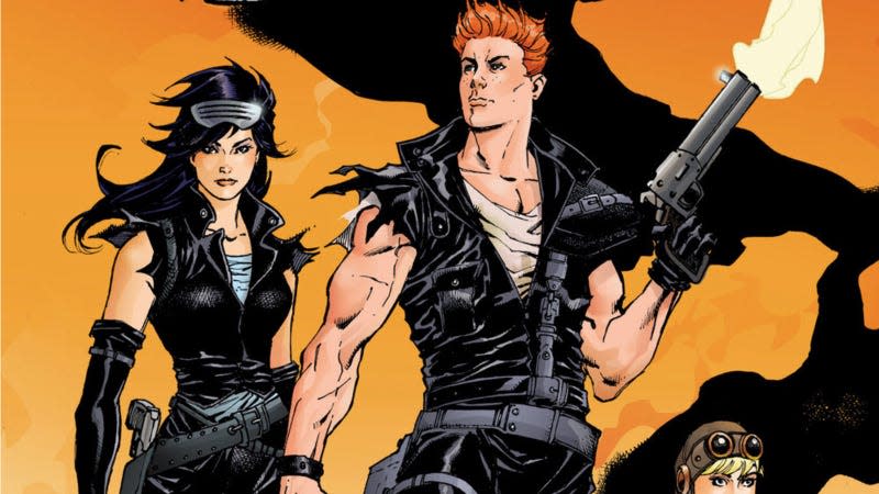 Archie and Veronica, wearing all black-leather and toting guns, stand on an arid hellscape.