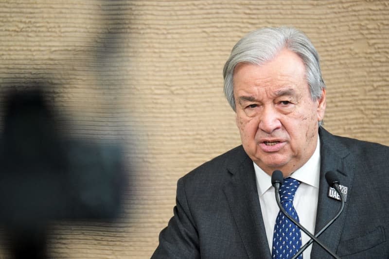 Antonio Guterres, Secretary General of the United Nations, speaks during a press conference at the UN climate summit COP28. Hannes P. Albert/dpa