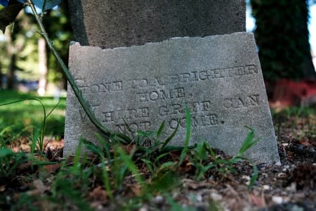 A grave marker is seen in the Tucker family cemetery in Hampton, Virginia