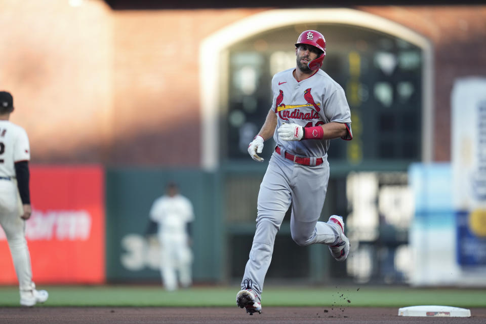 St. Louis Cardinals' Paul Goldschmidt runs the bases after hitting a solo home run against the San Francisco Giants during the first inning of a baseball game in San Francisco, Wednesday, April 26, 2023. (AP Photo/Godofredo A. Vásquez)