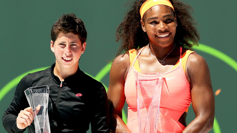 Carla Suarez Navarro, pictured here with Serena Williams after the Miami Open final in 2015. 