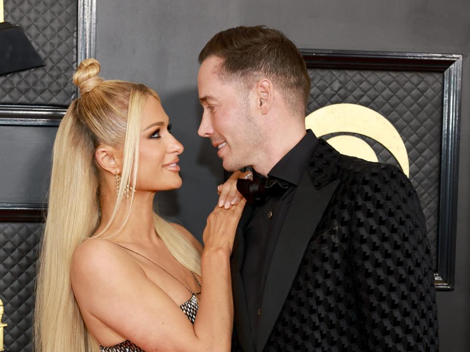 Paris Hilton and Carter Reum attend the 65th GRAMMY Awards on February 05, 2023 in Los Angeles, California