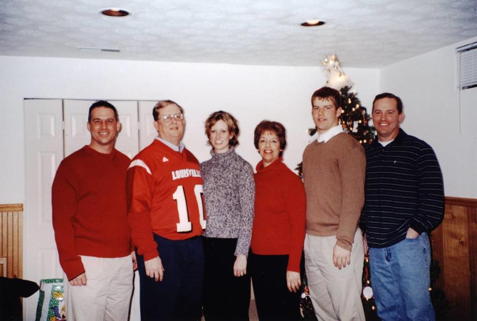 The Brohm family has deep roots in Louisville: From left to right: Greg Brohm, Oscar Brohm, Kim Brohm, Donna Brohm, Brian Brohm and Jeff Brohm at a family Christmas celebration.