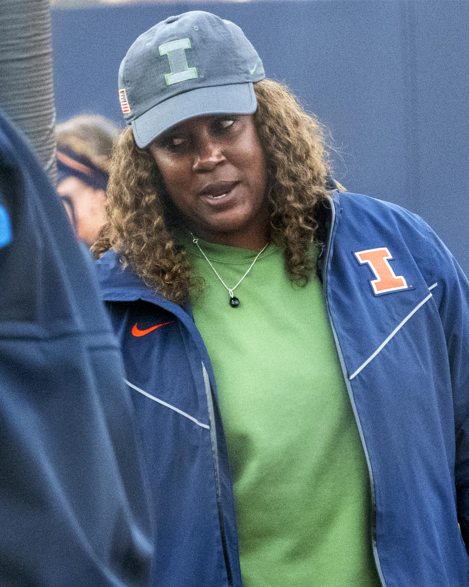 Illinois head coach Tyra Perry is seen during an NCAA college softball game against Northwestern at Eichelberger Field in Urbana, Ill., Wednesday, April 5, 2023. (Robin Scholz/The News-Gazette via AP)