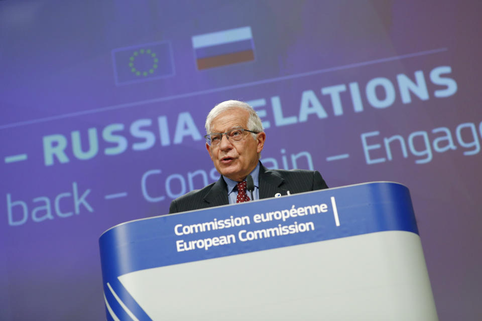 European Union foreign policy chief Josep Borrell speaks during a news conference at the European Commission headquarters in Brussels, Wednesday, June 16, 2021. Borrell unveiled a new set of proposals for the EU to deal with an increasingly authoritarian Russia, and his report will be discussed by the bloc's leaders at a summit next week. (Johanna Geron/Pool Photo via AP)