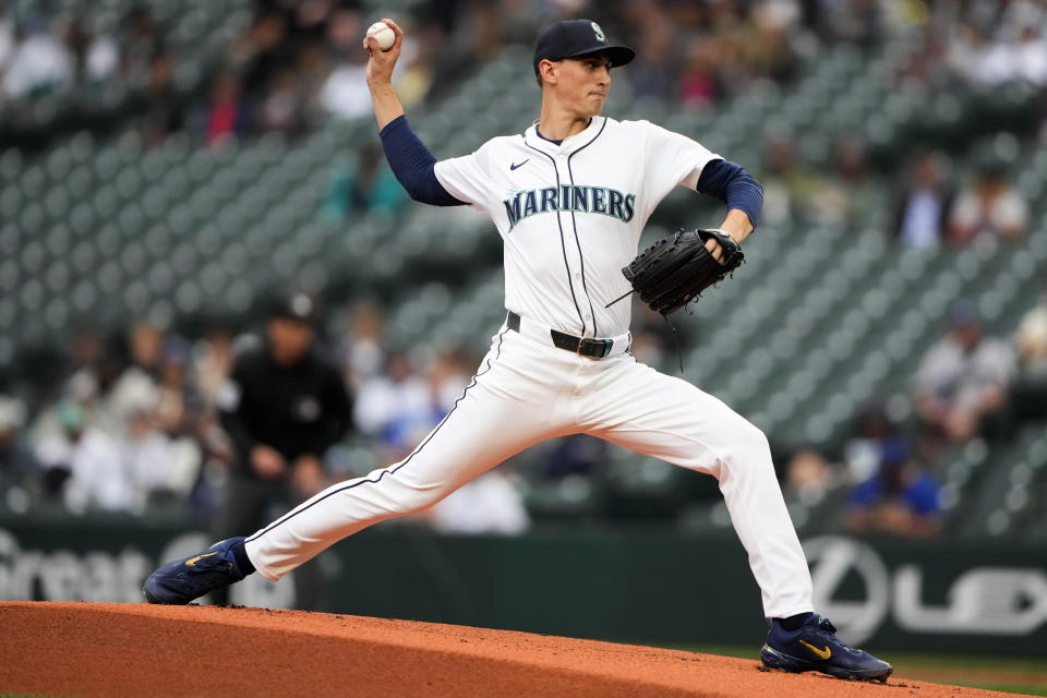 Seattle Mariners starting pitcher George Kirby throws against the Kansas City Royals during the first inning of a baseball game Monday, May 13, 2024, in Seattle. (AP Photo/Lindsey Wasson)