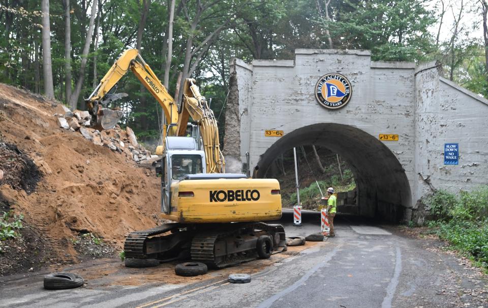 Demolition of the Kahkwa Bridge over Ravine Drive in Erie began in October, 2021. The 57-foot-long, 101-year old concrete arched span, which carried auto and pedestrian traffic across Kahkwa Boulevard and over Ravine Drive, was torn down over concerns about its dilapidated condition, including crumbling and falling concrete.