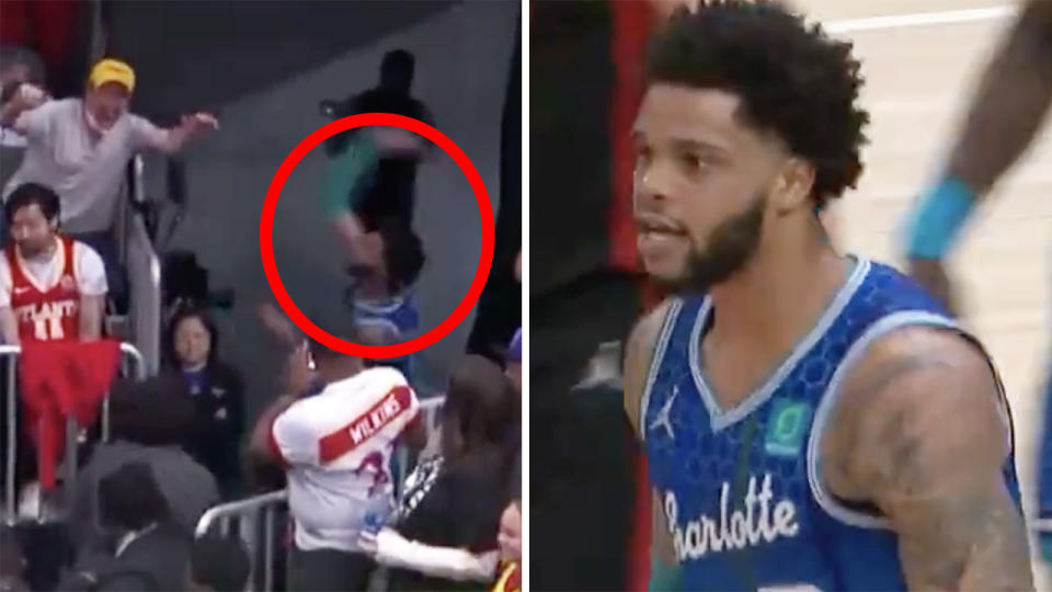 Charlotte Hornets forward Miles Bridges was ejected from the play-in game against Atlanta, hitting a fan with his angrily tossed mouthguard as he left the floor. Pictures: ESPN/Twitter