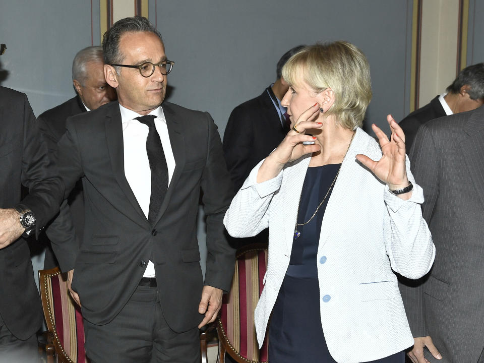 German Foreign Minister Heiko Maas, left, and Sweden's Foreign Minister Margot Wallstrom prior to the meeting on nuclear disarmament and the non-proliferation treaty, at the Grand Hotel in Stockholm, Tuesday June 11, 2019. (Claludio Bresciani/TT via AP)