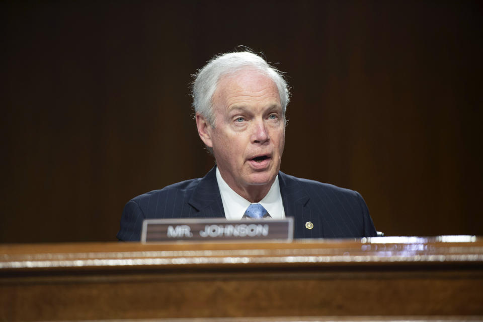 FILE - Sen. Ron Johnson, R-Wis., speaks during a Senate Foreign Relations committee hearing on April 26, 2022, in Washington. Wisconsin Democrats gathering for their annual state convention this weekend are focused on reelecting Gov. Tony Evers and defeating Sen. Johnson, but also know that history is against them in the midterm year as voters face high inflation, rising gas prices and growing concerns about a recession. Evers and Democratic candidates seeking to take on Johnson are slated to speak at the convention. (Bonnie Cash/Pool Photo via AP, File)