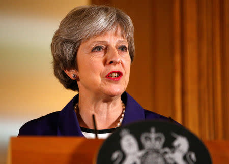 Britain's Prime Minister Theresa May attends a press conference with Secretary General of NATO Jens Stoltenberg at 10 Downing Street, in London, Britain, June 21, 2018. REUTERS/Henry Nicholls