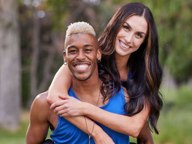 <p>Quinton Peron (L) and Mattie Lynch (R), former Rams cheerleaders from Pasadena, California and Vista, California, respectively. </p><p>Quinton, 29, is a choreographer. Mattie, 27, is a dance coach. The pair met and became best friends in the years they spent as cheerleaders for the current <a href="https://parade.com/1287245/anniezaleski/super-bowl-2022/" rel="nofollow noopener" target="_blank" data-ylk="slk:Super Bowl;elm:context_link;itc:0;sec:content-canvas" class="link ">Super Bowl</a> champions. Feeling their best skill is their balance, they hope to be able to make the moves--both strategically and literally--it takes to cross the finish line in first.</p><p>Sonja Flemming/CBS</p>