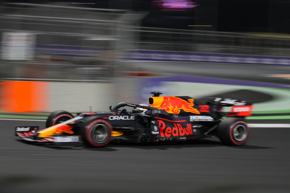 Red Bull driver Max Verstappen of the Netherlands in action during practice session for the Saudi Arabian Grand Prix in Jiddah, Saturday, Dec. 4, 2021. (AP Photo/Hassan Ammar)