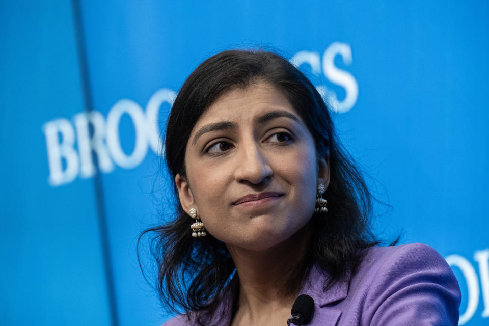 WASHINGTON, DC - OCTOBER 4:  Federal Trade Commission Chair Lina Khan speaks during a discussion on antitrust reforms at the Brookings Institution October 4, 2023 in Washington, DC. Khan assumed the role of FTC chair in June 2021 after being appointed by U.S. President Joe Biden and confirmed by the Senate. (Photo by Drew Angerer/Getty Images)