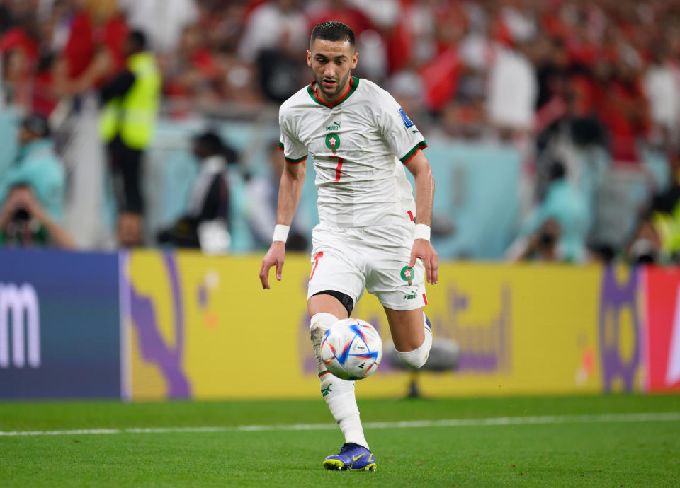 DOHA, QATAR - DECEMBER 01: Hakim Ziyech of Morocco controls the ball during the FIFA World Cup Qatar 2022 Group F match between Canada and Morocco at Al Thumama Stadium on December 01, 2022 in Doha, Qatar. (Photo by Matthias Hangst/Getty Images)