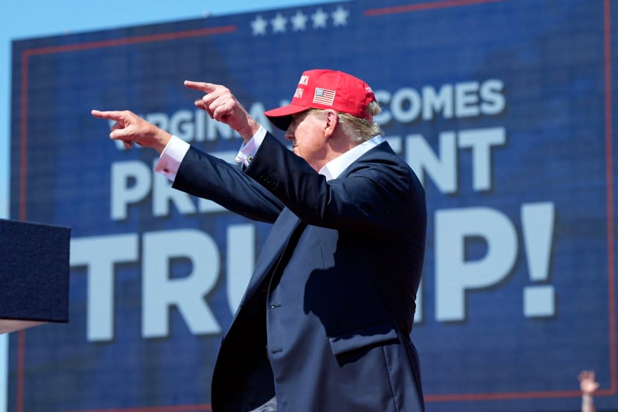 Republican presidential candidate former President Donald Trump arrives at a campaign rally in Chesapeake, Va., Friday, June 28, 2024. (AP Photo/Steve Helber)