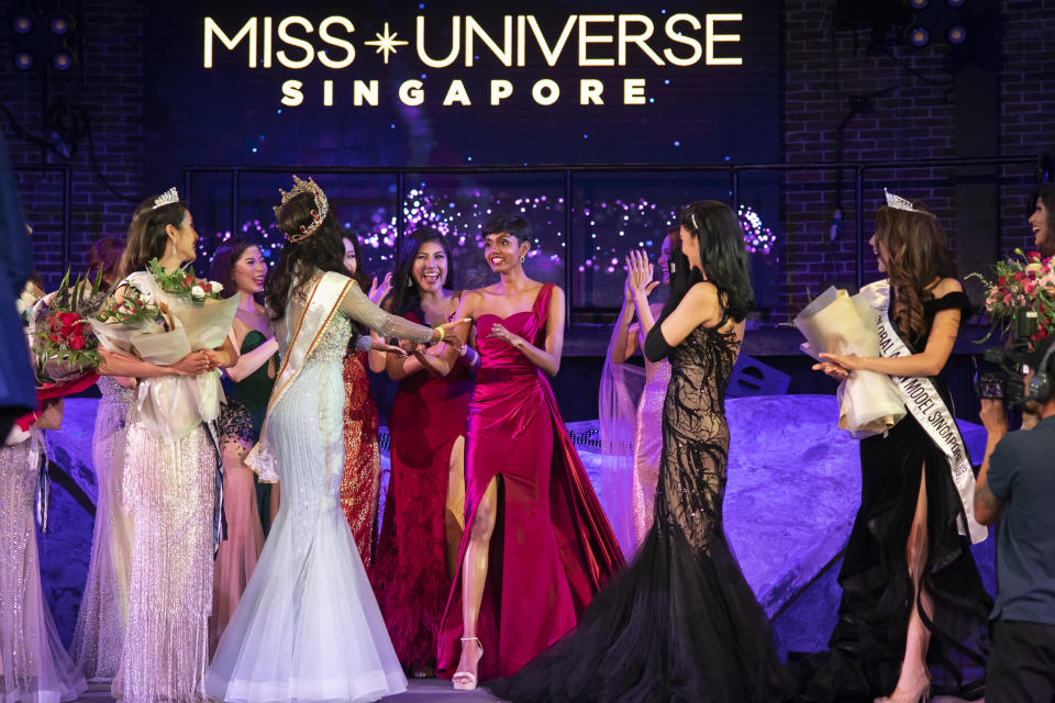 Mohana Phraba celebrating after winning the title of 2019 Miss Universe Singapore at Zouk.