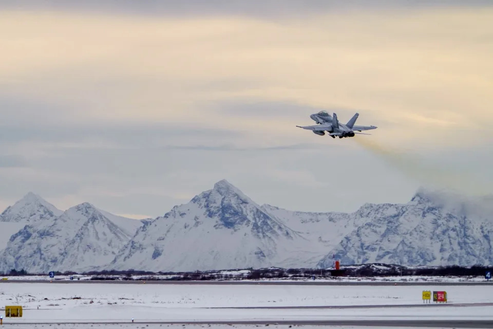 A US Marine Corps pilot flies an F/A-18D Hornet ahead of Exercise Nordic Response 24 at Andenes, Norway on Feb. 29, 2024.