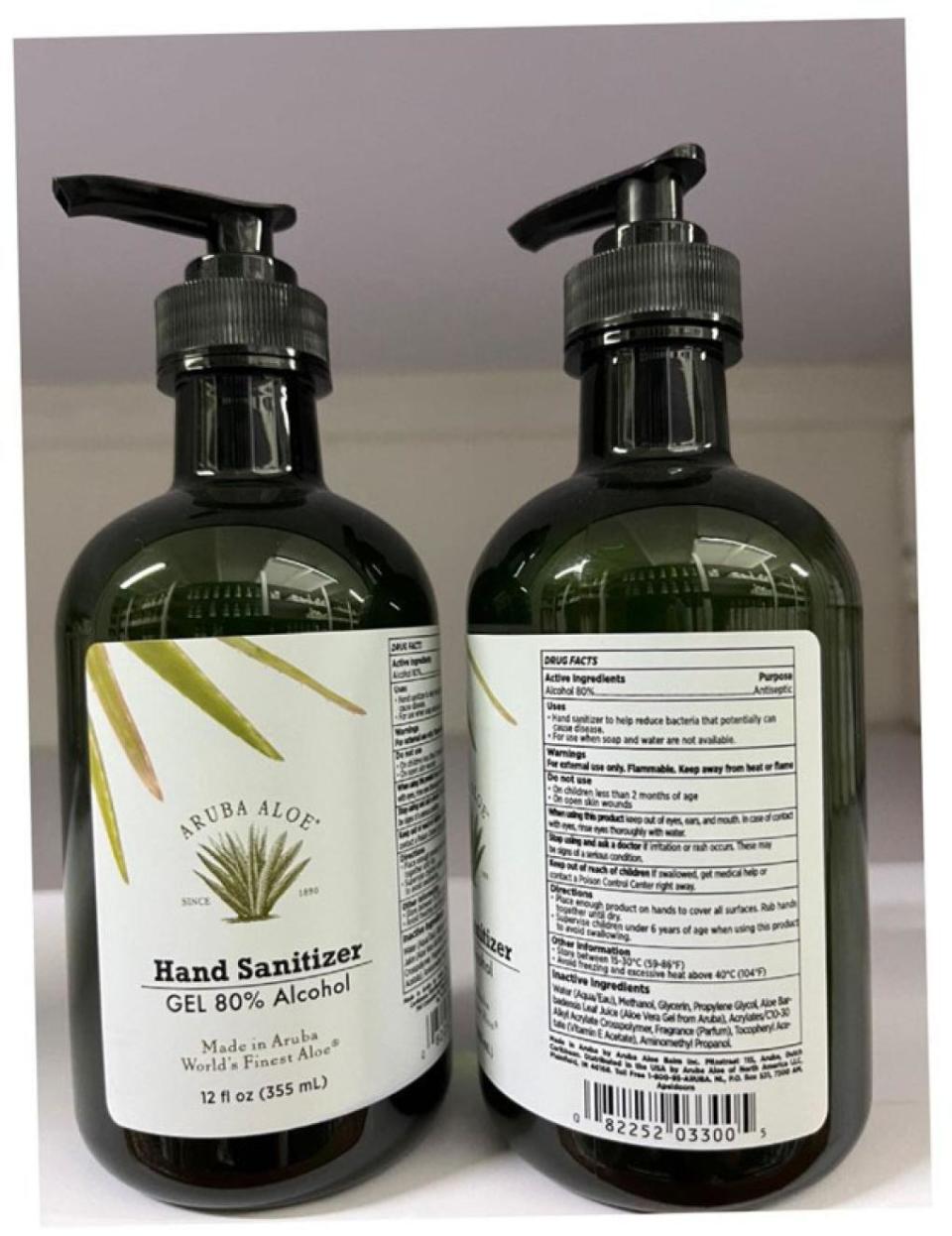 Image of recalled Aruba Aloe Hand Sanitizer Gel 80% Alcohol. / Credit: Food and Drug Administration