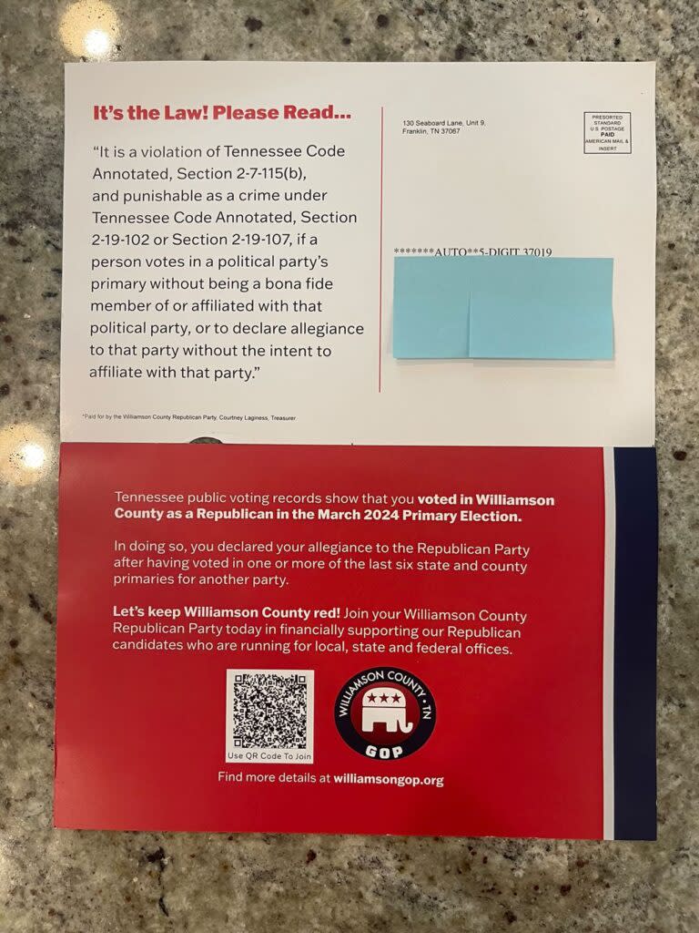 A postcard sent by the Williamson. County Republican Party before the August 2024 primary has been labeled a "voter intimidation tactic." (Photo: Submitted) 