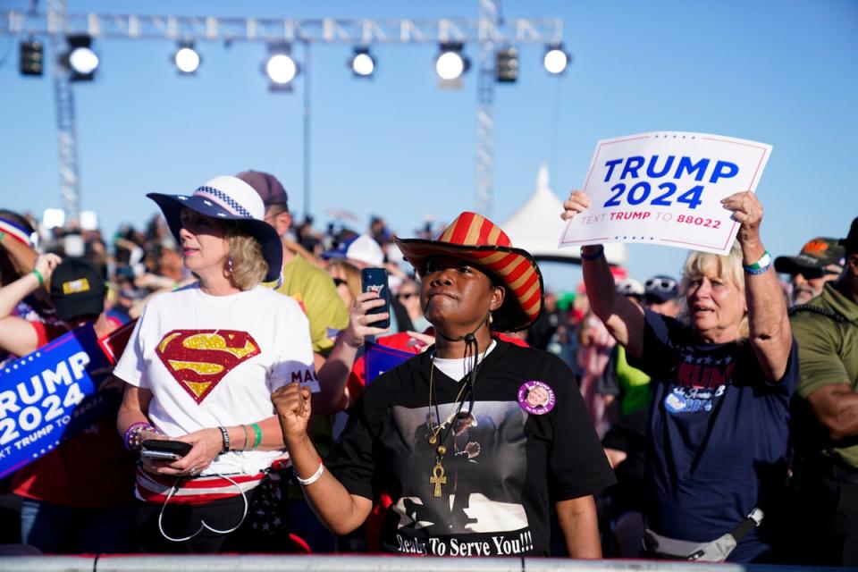 Supporters of former President Donald Trump react as he speaks at a campaign rally at Waco Regional Airport, Saturday, March 25, 2023, in Waco, Texas. (AP Photo/Evan Vucci) (Copyright 2023 The Associated Press. All rights reserved)