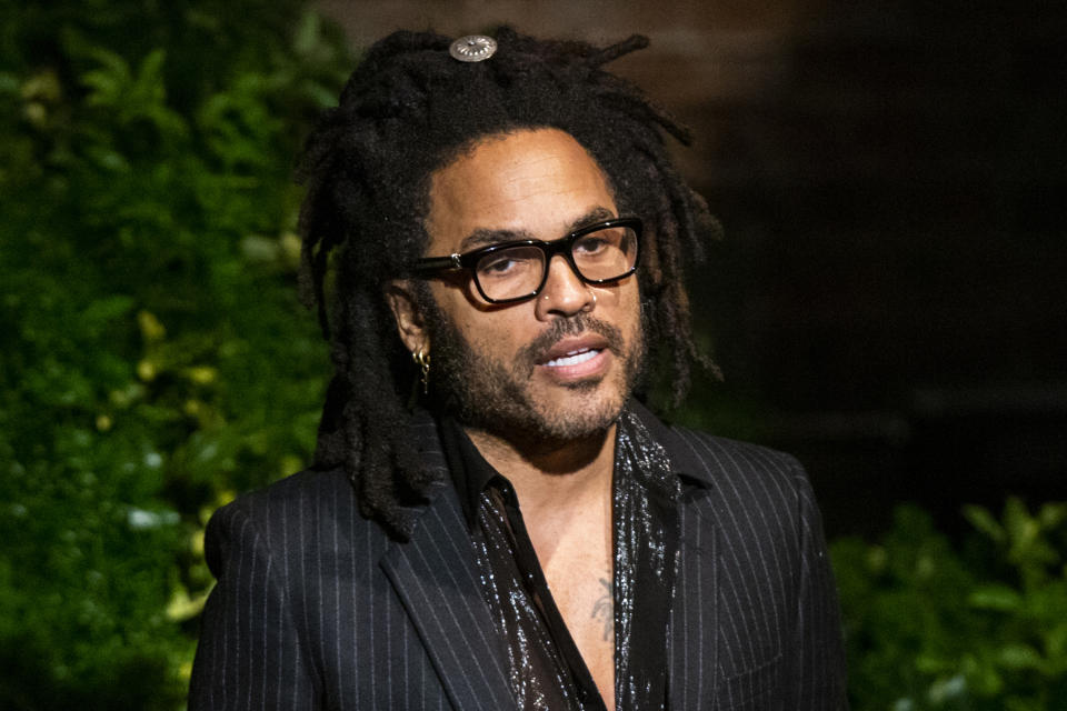 Musician Lenny Kravitz speaks to attendees during the memorial of late actress Diahann Carroll at the Helen Hayes Theater on Sunday, Nov. 24, 2019 in New York. (AP Photo/Eduardo Munoz Alvarez)