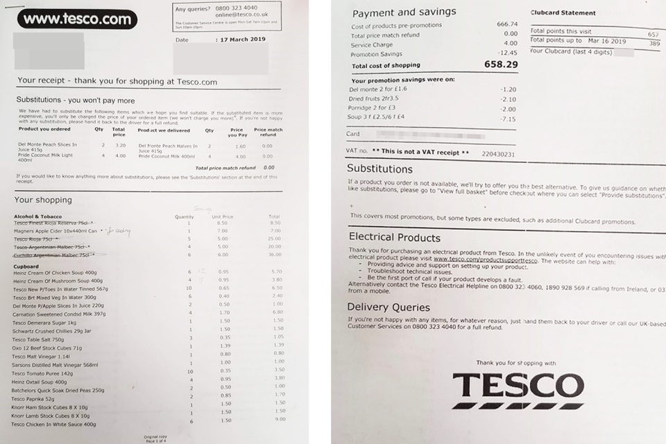 The receipt from Tesco. (Juliet East/PA Wire)