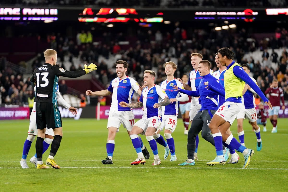 Blackburn players celebrate after knocking West Ham out of the Carabao Cup (Zac Goodwin/PA) (PA Wire)