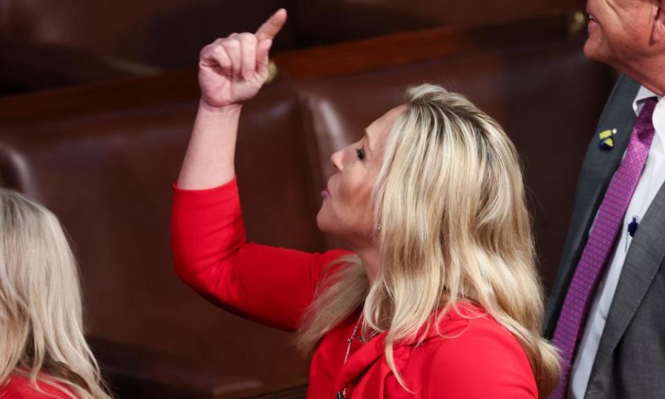 Congresswoman Marjorie Taylor Greene gestures at the end of Joe Biden’s State of the Union address in February.