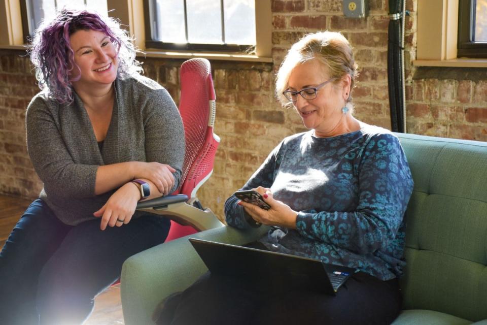 From left, Billie Kenyon (customer success) and Amy Westebbe (content strategy) of LadyBugz in Hudson.