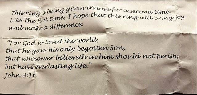 <p>Courtesy The Salvation Army</p> A note that accompanied two rings that were anonymously donated in a Salvation Army red kettle in Waltham, Massachusetts