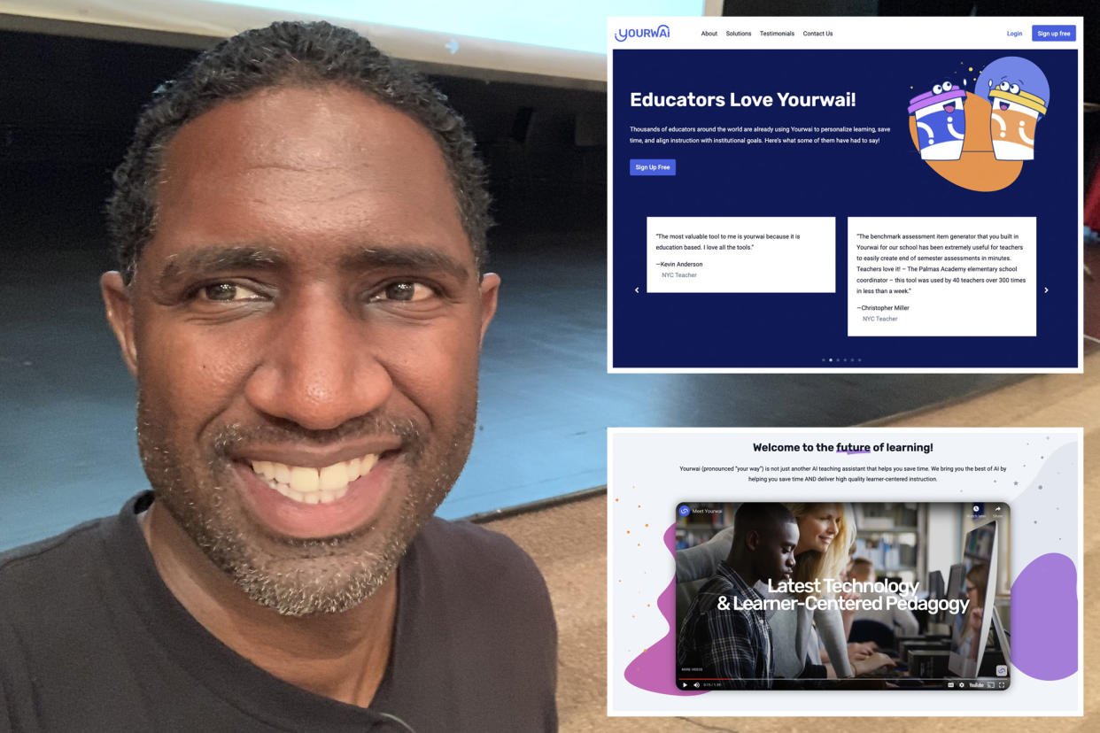 LINC co-founder and co-CEO Jason Green at right smiling in selfie in front of stage/presentation screen. Top right inset of his company's LINC product showing teacher reviews; bottom right inset of screenshot from YourWai AI teaching assistant website.
