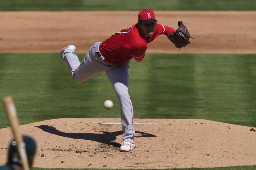 Los Angeles Angels pitcher Shohei Ohtani (17) throws against the Oakland Athletics.