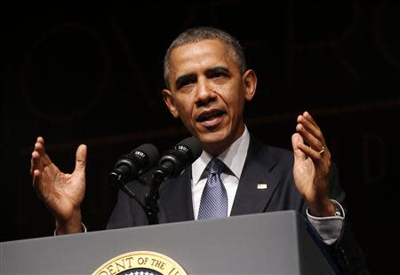 U.S. President Barack Obama speaks at a Civil Rights Summit to commemorate the 50th anniversary of the signing of the Civil Rights Act at the LBJ Presidential Library in Austin, Texas, April 10, 2014. REUTERS/Kevin Lamarque