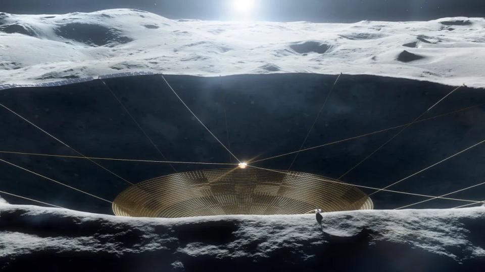 illustration of deep dark moon crater with a large gold telescope dish at the bottom