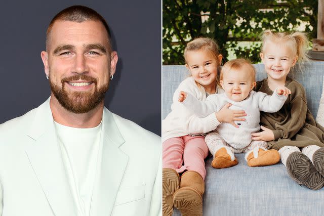 <p>JC Olivera/Getty; Stephanie Beatty for Minted</p> Travis Kelce and his nieces