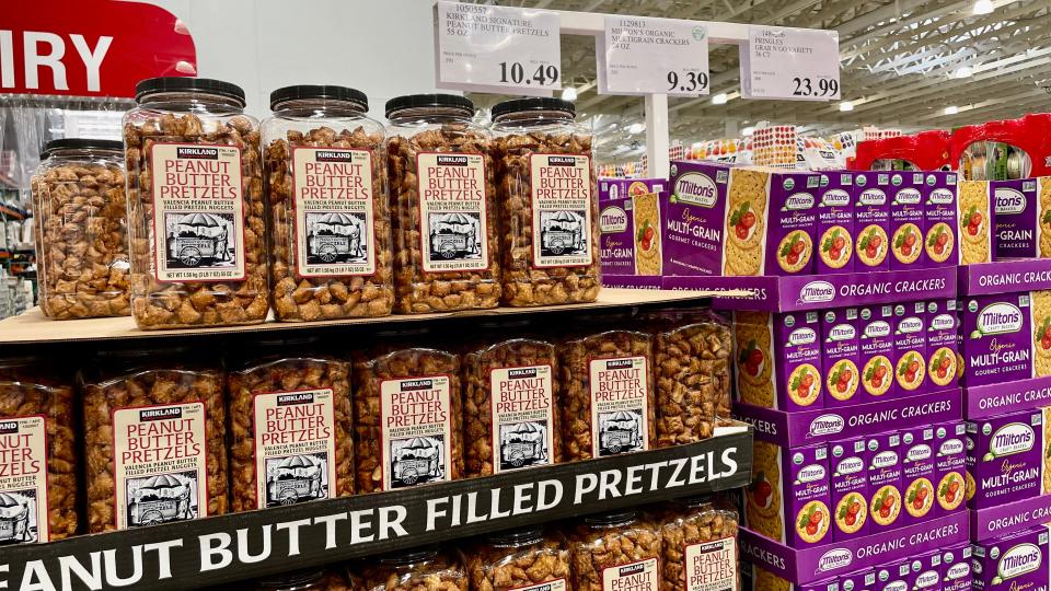 peanut-butter-filled pretzels on a display in a costco