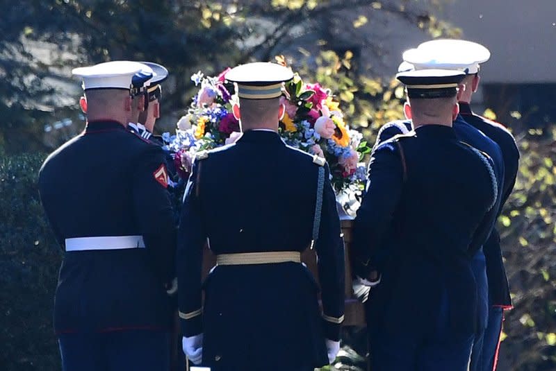 The casket with the remains of former first lady Rosalynn Carter arrives at the Jimmy Carter Presidential Library and Museum in Atlanta, Georgia on Monday. Photo by Scott Cunningham/UPI