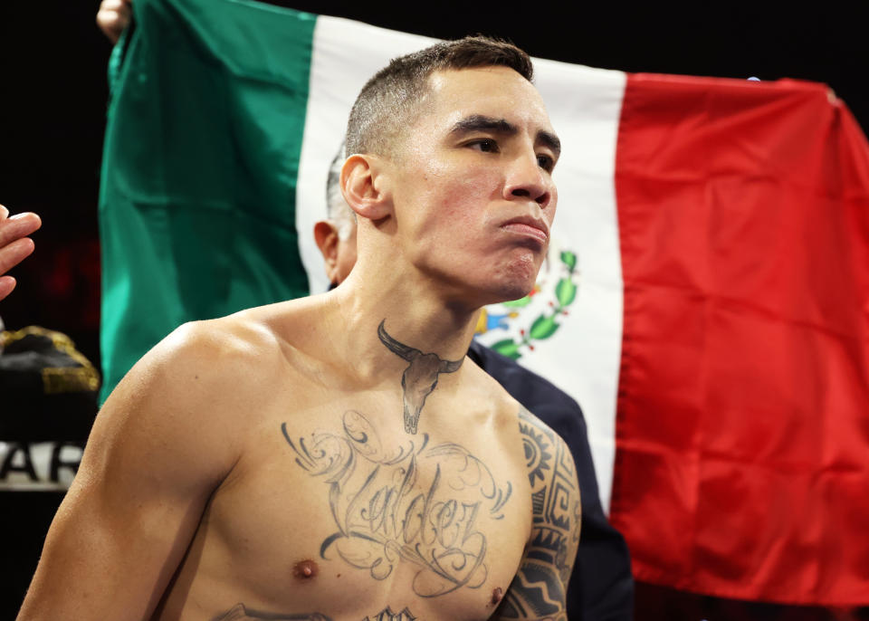 LAS VEGAS, NEVADA - MAY 20: Oscar Valdez inside the ring before his super featherweight fight against Adam Lopez, at MGM Grand Hotel & Casino on May 20, 2023 in Las Vegas, Nevada. (Photo by Mikey Williams/Top Rank Inc via Getty Images)