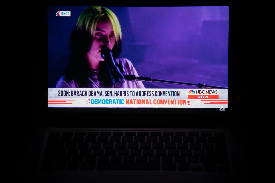 A photo illustration of a laptop computer screen shows musician Billie Eilish performing on the third night of the 2020 Democratic National Convention, which is being held almost entirely virtually, in Washington, D.C., on August 19, 2020, amid the Coronavirus pandemic. (Graeme Sloan/Sipa USA)