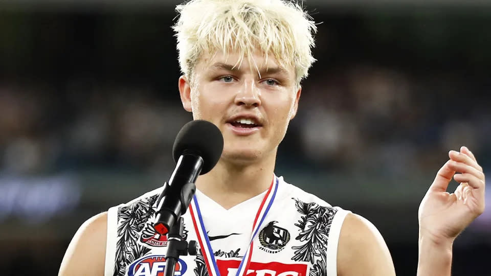 Jack Ginnivan (pictured) won the Anzac Day Meal after Collingwood's win over Essendon. (Photo by Darrian Traynor/AFL Photos/Getty Images)