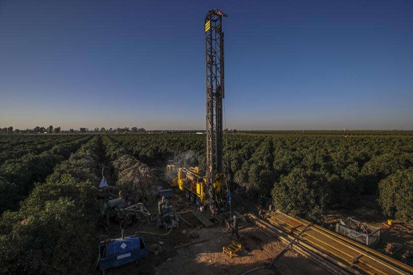 Terra Bella, CA - October 14: Matt Davis's company drills a 1300 feet deep well in an orchard at Setton Farms on Thursday, Oct. 14, 2021 in Terra Bella, CA. (Irfan Khan / Los Angeles Times)