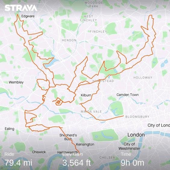 The 79.4 mile journey took the cyclist all over London (PA)